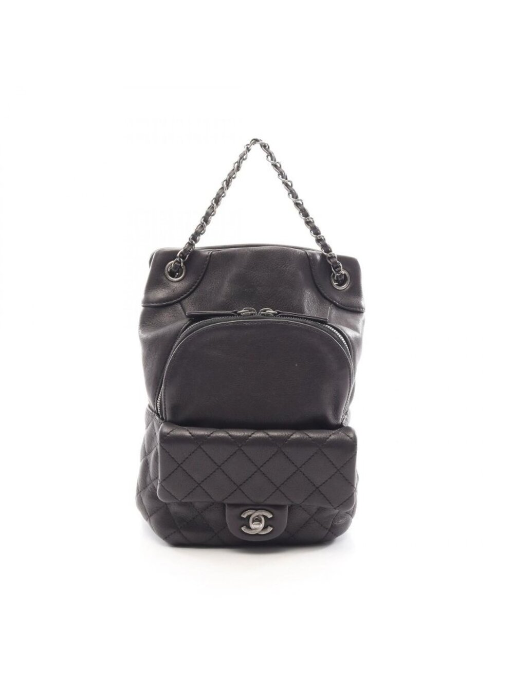 Chanel Backpack Quilted Chain Antique Silver 2-Way Black Leather